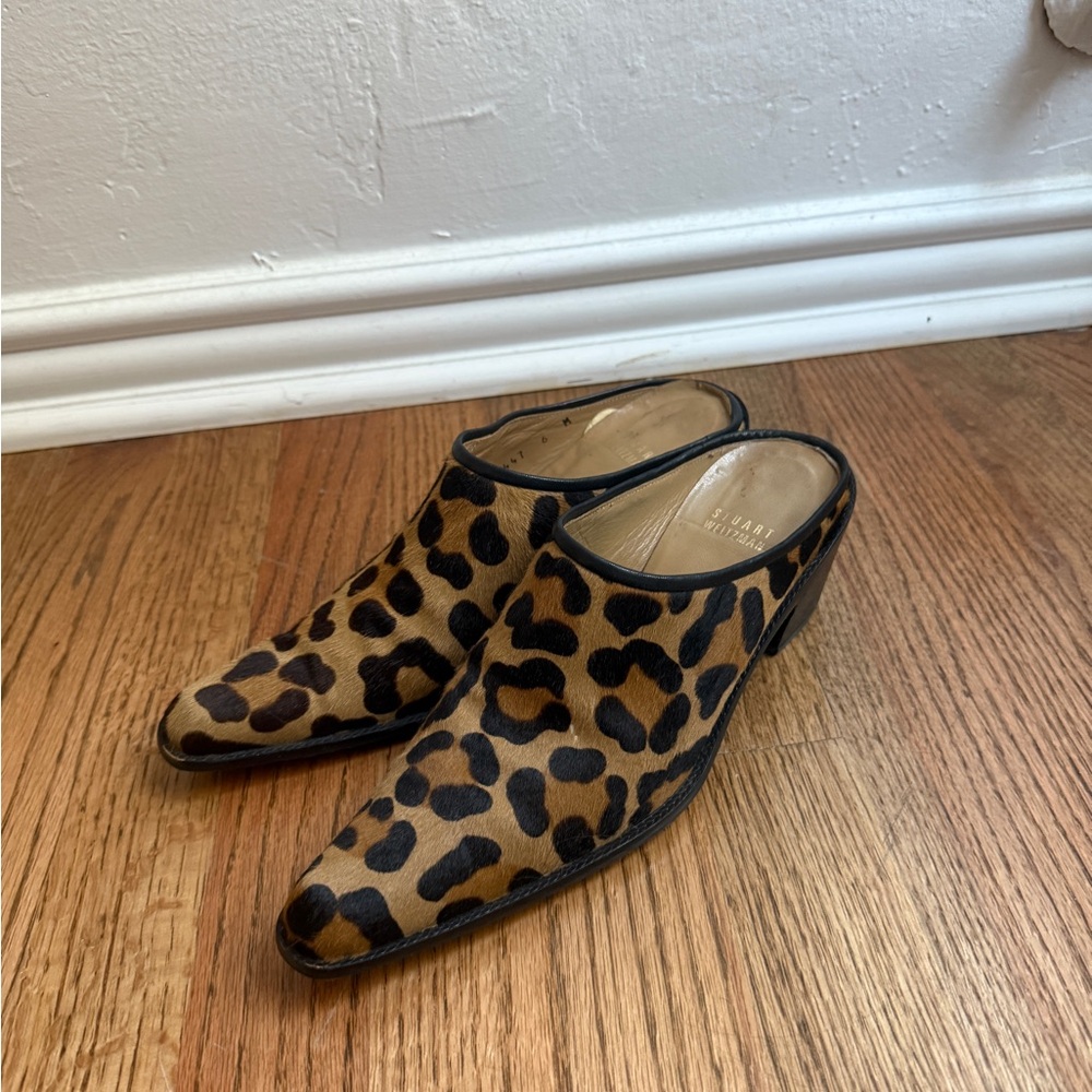 Stuart Weitzman Pony Hair Cheetah Print Mules